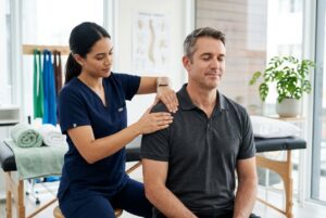 fisio dando masaje en el hombro de un paciente