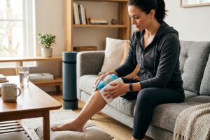 mujer aplicandose hielo en la rodilla